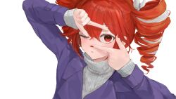 absurdres alternate_costume blue_coat bow chan1moon coat drill_hair finger_frame finger_frame_over_eye hair_between_eyes hair_bow hair_ribbon hashtag-only_commentary highres kasane_teto kasane_teto_(sv) one_eye_closed open_mouth red_eyes red_hair ribbed_sweater ribbon simple_background sweater synthesizer_v twin_drills upper_body utau white_background white_bow white_ribbon