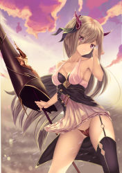 Rule 34 | 1girl, :o, absurdres, adjusting hair, armpits, bare arms, bare shoulders, black thighhighs, blonde hair, blush, cloud, collarbone, contrapposto, dress, eyes visible through hair, garter straps, gradient sky, hair over one eye, hair ribbon, halter dress, halterneck, hand in own hair, hand up, highres, holding, holding weapon, lance, legs apart, long hair, looking at viewer, motion blur, nekobell, open mouth, original, outdoors, panties, pantyshot, pink eyes, polearm, red panties, ribbon, ribbon-trimmed dress, short dress, single thighhigh, sky, sleeveless, sleeveless dress, solo, standing, swept bangs, thighhighs, thighs, underwear, upskirt, very long hair, weapon, white dress