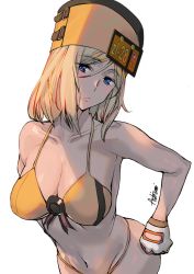 Rule 34 | 1girl, ashiomi masato, blonde hair, blue eyes, breasts, closed mouth, gloves, guilty gear, guilty gear xrd, hat, looking at viewer, medium hair, millia rage, navel, signature, simple background, solo, swimsuit, white background
