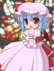 Rule 34 | 1girl, bat wings, female focus, hand to own mouth, hat, lowres, mob cap, pink hat, red eyes, remilia scarlet, skirt, solo, standing, touhou, wings