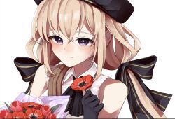 Rule 34 | 1girl, amahara nue, ascot, assault lily, bare shoulders, beret, black ascot, black gloves, black hat, black ribbon, blonde hair, blush, bouquet, closed mouth, collared shirt, crossed bangs, flower, gloves, hair between eyes, hair ribbon, hand up, hat, highres, holding, holding flower, light smile, long hair, looking away, low twintails, odaiba girls high school uniform, purple eyes, red flower, ribbon, school uniform, shirt, shoulder strap, sidelocks, simple background, solo, striped ribbon, takehisa nakaba, twintails, upper body, white background, white shirt