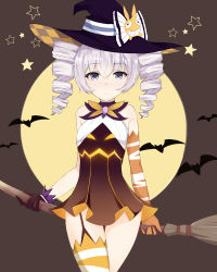 Rule 34 | 1girl, absurdres, asymmetrical gloves, asymmetrical legwear, bantian yindang, bare shoulders, bat (animal), bronya zaychik, bronya zaychik (snowy sniper), broom, broom riding, brown background, brown gloves, closed mouth, drill hair, elbow gloves, full moon, gloves, grey eyes, grey hair, hair between eyes, halloween, halloween costume, hat, highres, holding, homu (honkai impact), honkai (series), honkai impact 3rd, looking at viewer, mismatched gloves, moon, simple background, solo, twin drills, uneven gloves, uneven legwear, witch hat, yellow gloves, yellow legwear