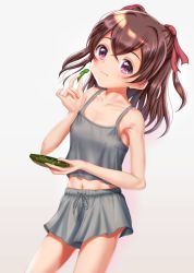 Rule 34 | 1girl, absurdres, beans, blush, bow, delicious party precure, eating, food, green bean, hair bow, highres, holding, holding food, holding vegetable, long hair, looking at viewer, midriff, mitaka, nagomi yui, navel, precure, shirt, shorts, simple background, solo, two side up, vegetable, white background