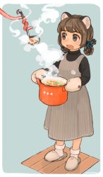 Rule 34 | 1girl, akai sashimi, animal ears, apron, artist name, black shirt, blue background, blue bow, blush, border, bow, braid, braided hair rings, brown eyes, brown hair, food, food print, full body, hair bow, hair rings, highres, holding, ladle, looking at another, open mouth, original, oven mitts, pot, shirt, slippers, socks, solo focus, standing, steam, tentacles, turtleneck, twin braids