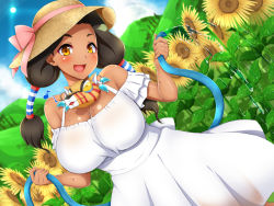 Rule 34 | 10s, 1girl, black hair, blue sky, blush, breasts, cleavage, curvy, dark-skinned female, dark skin, dress, female focus, flower, hair tubes, happy, hat, large breasts, lens flare, looking at viewer, matsuri (senran kagura), mountains, senran kagura, senran kagura new wave, shiny skin, sky, smile, solo, standing, sun, sun hat, sunflower, tagme, tsubuki (ron-bb69), twintails, water drop, water hose, white dress, yellow eyes