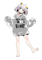 Rule 34 | 1girl, absurdres, ahoge, barefoot, blue eyes, blush, closed mouth, clothes writing, drawstring, full body, grey hair, head tilt, highres, hood, hood down, hoodie, kaguya luna, kurihara sakura, light frown, long sleeves, looking at viewer, puffy long sleeves, puffy sleeves, simple background, sleeves past fingers, sleeves past wrists, soles, solo, standing, standing on one leg, the moon studio, translation request, twintails, virtual youtuber, white background, white hoodie