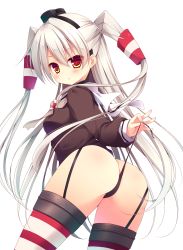 Rule 34 | 10s, 1girl, amatsukaze (kancolle), ass, blush, garter straps, highres, izumiyuhina, kantai collection, long hair, panties, red eyes, side-tie panties, silver hair, solo, striped clothes, striped thighhighs, thighhighs, thong, two side up, underwear, untied panties, very long hair, white background
