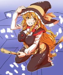 Rule 34 | 1girl, blonde hair, blush, bow, braid, breasts, broom, broom riding, chin (motio7201), clenched teeth, female focus, grin, hair bow, hat, holding, holding clothes, holding hat, kirisame marisa, large breasts, long hair, side braid, side ponytail, single braid, smile, solo, teeth, touhou, very long hair, witch hat