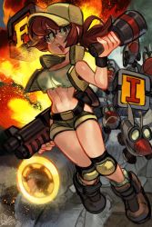 Rule 34 | 1girl, abs, alex ahad, belt, boots, breasts, brown eyes, brown hair, cleavage, crop top, explosion, explosive, fio germi, glasses, grenade, gun, highres, holding, holding grenade, holding weapon, knee pads, looking to the side, metal slug, military, military vehicle, motor vehicle, narrow waist, open clothes, open mouth, open vest, ponytail, rifling, round eyewear, shirt, shorts, shotgun, signature, tank, vest, weapon