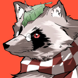 Rule 34 | animal, animal ears, animalization, clothed animal, futatsuiwa mamizou, futatsuiwa mamizou (tanuki), glasses, leaf, lowres, no humans, raccoon ears, rebecca (keinelove), red eyes, scarf, solo, tanuki, touhou