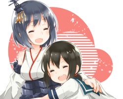 Rule 34 | 10s, 2girls, b allbrack, bad id, bad pixiv id, bare shoulders, black hair, detached sleeves, closed eyes, fubuki (kancolle), hair ornament, hand on another&#039;s back, hug, japanese clothes, kantai collection, low ponytail, multiple girls, nontraditional miko, open mouth, ponytail, school uniform, serafuku, short hair, short ponytail, smile, teeth, yamashiro (kancolle)