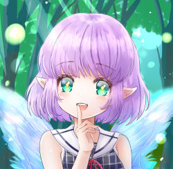 Rule 34 | 1girl, :d, black dress, blue wings, blush, bob cut, commentary request, dress, fairy, fairy wings, green eyes, hand up, index finger raised, looking at viewer, neck ribbon, open mouth, original, pointy ears, purple hair, red ribbon, ribbon, sailor collar, sailor dress, short hair, sleeveless, sleeveless dress, smile, solo, sunameri (pixiv3564245), tree, upper body, white sailor collar, wings