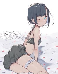 Rule 34 | 1girl, ;3, arm support, black bloomers, black bra, black hair, bloomers, blue eyes, blue hair, blunt bangs, bra, feathered wings, highres, lying, multicolored hair, on side, one eye closed, original, short hair, single wing, solo, thigh strap, two-tone hair, underwear, underwear only, uni (melm), white wings, wings