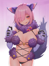 Rule 34 | 1girl, animal ears, bare shoulders, black panties, blush, breasts, commentary request, elbow gloves, eyes visible through hair, fate/grand order, fate (series), fur trim, gloves, hair over one eye, halloween costume, highres, large breasts, light purple hair, looking at viewer, mash kyrielight, mash kyrielight (dangerous beast), mikan (chipstar182), navel, official alternate costume, open mouth, panties, pink background, pink hair, purple eyes, purple gloves, revealing clothes, short hair, simple background, smile, solo, tail, tongue, tongue out, underwear, white background, wolf ears, wolf tail
