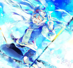 Rule 34 | 1girl, black pantyhose, blue eyes, blue hair, character name, gloves, goggles, goggles on headwear, gradient background, hatsune miku, long hair, long sleeves, looking at viewer, matching hair/eyes, one eye closed, open mouth, pantyhose, reika (iamreika), scarf, solo, v, very long hair, vocaloid, white gloves, yuki miku