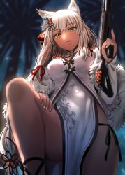 Rule 34 | 1girl, animal ears, bad id, bad pixiv id, blurry, blurry background, breasts, capelet, china dress, chinese clothes, dark-skinned female, dark skin, dress, flower, fur-trimmed capelet, fur trim, girls&#039; frontline, gun, hair flower, hair ornament, hand on own leg, holding, holding gun, holding weapon, large breasts, long hair, looking at viewer, m590 (angel&#039;s trumpet) (girls&#039; frontline), m590 (girls&#039; frontline), medium breasts, mossberg 590, official alternate costume, pump action, sakaki rin, shotgun, solo, trigger discipline, weapon, white dress, white hair, yellow eyes