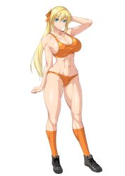 Rule 34 | 1girl, abs, arm up, armpits, bare shoulders, bikini, black footwear, blonde hair, blue eyes, breasts, cleavage, closed mouth, collarbone, commentary request, commission, fitness (manga), full body, groin, hair between eyes, hair ribbon, highres, kneehighs, large breasts, long hair, looking at viewer, midriff, muscular, muscular female, navel, orange bikini, orange ribbon, orange socks, ozaneko, ponytail, ribbon, shoes, sidelocks, simple background, skeb commission, smile, sneakers, socks, solo, standing, swimsuit, tsubaki rei, white background