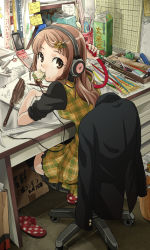 Rule 34 | 1girl, black shirt, blouse, brown eyes, brown hair, cellphone, chair, desk, drawing, duster, eating, feather duster, food, hair ornament, hairpin, headphones, long hair, looking back, mouth hold, naka nohito, office chair, original, parted bangs, pencil, phone, plaid, ruler, sandwich, scratching, shirt, sitting, sleeves rolled up, slippers, solo, swivel chair