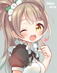 Rule 34 | 1girl, ;d, alternate costume, apron, bad id, bad pixiv id, black dress, blush, bow, dress, enmaided, finger to face, frilled apron, frills, green bow, grey background, hair bow, heart, high ponytail, light brown hair, long hair, looking at viewer, looking to the side, love live!, love live! school idol project, maid, maid apron, mashiro miru, minami kotori, one eye closed, open mouth, ponytail, puffy short sleeves, puffy sleeves, short sleeves, sidelocks, simple background, smile, solo, teeth, twitter username, upper teeth only, very long hair, white apron, yellow eyes