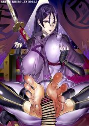 Rule 34 | 1girl, absurdres, barefoot, breasts, covered erect nipples, fate/grand order, fate (series), feet, footjob, grabbing own breast, highres, large breasts, long hair, looking at viewer, minamoto no raikou (fate), parted lips, purple eyes, purple hair, soles, toes