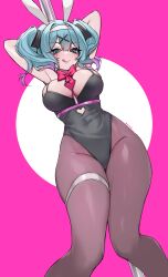 Rule 34 | absurdres, animal ears, arms behind head, arms up, black leotard, blue eyes, blue hair, blush, breasts, brown pantyhose, cleavage, closed mouth, fake animal ears, hair ornament, hairband, hatsune miku, highres, large breasts, leotard, nemuaki, pantyhose, playboy bunny, rabbit ears, rabbit hole (vocaloid), short hair, short twintails, smile, thighs, tongue, tongue out, twintails, x hair ornament