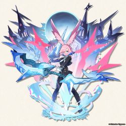 Rule 34 | aqua eyes, bow (weapon), braid, dragalia lost, full body, gem, gloves, head wings, holding, holding bow (weapon), holding polearm, holding weapon, long sleeves, looking at viewer, moon, neckerchief, official art, pink hair, pinon (dragalia lost), polearm, short hair, standing, weapon, white gloves, white neckerchief, wings