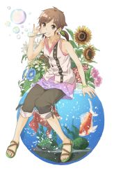 Rule 34 | 1girl, brown eyes, brown hair, bubble, blowing bubbles, capri pants, fish, fishbowl, flower, goldfish, grin, highres, izumi (ko8), original, pants, sandals, short hair, short twintails, sitting, skirt, smile, solo, sunflower, twintails, water, white background