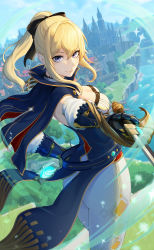 Rule 34 | 1girl, absurdres, ass, belt, blonde hair, blue capelet, blush, bow, breasts, capelet, cathedral, cleavage, cliff, gauntlets, genshin impact, hair bow, hepa, highres, jean (genshin impact), jewelry, large breasts, long hair, looking at viewer, multicolored capelet, pants, pendant, ponytail, sidelocks, smile, solo, sword, thighs, tight clothes, tight pants, town, vision (genshin impact), weapon, white pants