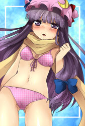 Rule 34 | 1girl, bad id, bad pixiv id, bikini, blue background, checkered bikini, checkered clothes, clenched hand, cowboy shot, crescent, female focus, front-tie top, hat, long hair, marimo danshaku, navel, patchouli knowledge, perfect cherry blossom, pink bikini, purple eyes, purple hair, scarf, solo, swimsuit, touhou, unmoving pattern