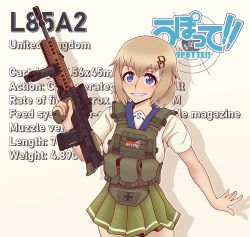 Rule 34 | 1girl, absurdres, assault rifle, blonde hair, blue eyes, blush, bullpup, carbine, character name, chest rig, copyright name, cowboy shot, german flag, gun, hair between eyes, highres, l85, l85a1 (upotte!!), machine gun, medium hair, rifle, sa80, school uniform, serafuku, smile, solo, squad automatic weapon, union jack, upotte!!, weapon, willy pete