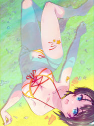 Rule 34 | 1girl, :d, armpit crease, barefoot, bikini, blue eyes, breasts, brown hair, cleavage, commentary request, from above, full body, hand up, head tilt, heart, heart tattoo, highres, hololive, large breasts, legs, looking at viewer, navel, oozora subaru, oozora subaru (hololive summer 2019), open mouth, orange bikini, partially submerged, qwq oekaki, sand, seashell, shell, shiny skin, short hair, sidelocks, smile, solo, striped bikini, striped clothes, swimsuit, tattoo, thighs, upside-down, virtual youtuber, wet, white bikini
