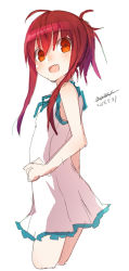 Rule 34 | 1girl, :d, bare arms, bare shoulders, blue ribbon, blush, cropped legs, dated, dress, fang, long hair, looking at viewer, looking to the side, maze (gochama ze gohan), open mouth, original, red eyes, red hair, ribbon, short dress, sidelocks, signature, simple background, sketch, sleeveless, sleeveless dress, smile, solo, standing, white background, white dress