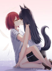 Rule 34 | 2girls, animal ears, arknights, bad id, bad pixiv id, bare legs, barefoot, black footwear, black hair, black shorts, closed eyes, commentary, commission, english commentary, exusiai (arknights), facing another, from side, gradient background, halo, hand on another&#039;s shoulder, highres, kiss, kneeling, long hair, multiple girls, pink background, red hair, shirt, short hair, short sleeves, shorts, sleeveless, sleeveless shirt, tail, texas (arknights), thighs, white background, white shirt, wolf ears, wolf tail, yatsucchie, yuri