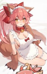 Rule 34 | 1girl, animal ear fluff, animal ears, animal hands, apron, bell, breasts, cat hair ornament, cat paws, cleavage, collar, fate/grand order, fate (series), fox ears, fox girl, fox tail, gloves, hair ornament, hair ribbon, highres, jingle bell, large breasts, looking at viewer, muryotaro, naked apron, neck bell, open mouth, paw gloves, paw shoes, pink hair, red ribbon, ribbon, shoes, sitting, solo, tail, tamamo (fate), tamamo cat (fate), valentine, white apron, white legwear, yellow eyes