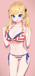 Rule 34 | 1girl, alternate costume, alternate hairstyle, american flag bikini, american flag print, bare arms, bare shoulders, bikini, blonde hair, blue eyes, blush, breasts, cleavage, collarbone, commentary request, cowboy shot, female focus, flag print, hair ornament, halterneck, highres, idolmaster, idolmaster cinderella girls, jewelry, large breasts, long arms, long hair, navel, necklace, ohtsuki yui, open mouth, print bikini, side-tie bikini bottom, simple background, smile, solo, standing, stomach, swimsuit, tase kazuki, twintails