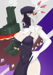 Rule 34 | 1girl, absurdres, amputee, arm cannon, black dahlia, breasts, cleavage, covered navel, dress, elbow gloves, feather hair ornament, fur hat, gloves, grenade launcher, grey background, hair ornament, hand on own hip, hat, highres, large breasts, purple background, side slit, skullgirls, solo, two-tone background, veil, weapon, white background
