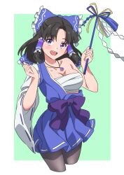 Rule 34 | 1girl, black hair, blue bow, blue dress, blue eyes, bow, breasts, chest sarashi, commission, cropped legs, detached sleeves, dress, gohei, green background, gyouza (mhea5724), hair bow, hair tubes, hakurei beimu, hakurei reimu, highres, holding, jewelry, large breasts, looking at viewer, medium hair, non-web source, open mouth, pantyhose, pendant, ribbon-trimmed sleeves, ribbon trim, sarashi, shide, sidelocks, simple background, skeb commission, solo, teeth, touhou, upper teeth only, wide sleeves