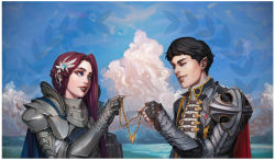 Rule 34 | 1boy, 1girl, absurdres, armor, black hair, blue eyes, blue sky, cape, cloud, day, earrings, eye contact, fang, fantasy, fingerless gloves, gauntlets, gloves, hair ornament, hetero, highres, jewelry, unworn jewelry, kyung hoon ahn (goldpants), long hair, looking at another, necklace, unworn necklace, outdoors, parted lips, pointy ears, purple hair, red cape, shield, sky