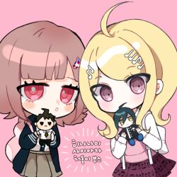 Rule 34 | 2girls, :o, ahoge, akamatsu kaede, animal bag, backpack, bad id, bad twitter id, bag, blonde hair, blue jacket, blue sleeves, blush stickers, brown skirt, buttons, chibi, collared shirt, commentary request, covered mouth, cowboy shot, danganronpa (series), danganronpa 2: goodbye despair, danganronpa v3: killing harmony, doll, eyelashes, fortissimo, fumo (doll), galaga, grey pupils, hair ornament, hairclip, hinata hajime, holding, holding doll, hood, hood down, hooded jacket, jacket, korean commentary, korean text, light blush, long hair, long sleeves, looking at viewer, medium hair, miniskirt, multiple girls, musical note, musical note hair ornament, musical note print, nanami chiaki, notice lines, open mouth, pink background, pink bag, pink eyes, pink hair, pink vest, pleated skirt, purple eyes, purple skirt, rabbit bag, saihara shuichi, shirt, simple background, skirt, translation request, ttolchie, vest, white bag, white shirt, white sleeves