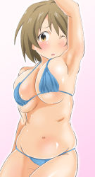 Rule 34 | 1girl, armpits, belly, blush, breasts, brown eyes, brown hair, furrowed brow, gorohati, gradient background, highres, idolmaster, idolmaster cinderella girls, large breasts, looking at viewer, mimura kanako, navel, one eye closed, parted lips, pink background, plump, short hair, skindentation, solo, stomach, thighs, white background