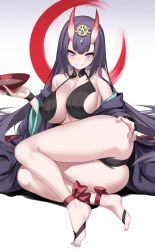 Rule 34 | 1girl, aged up, alternate breast size, alternate hair length, alternate hairstyle, ass, bad id, bad twitter id, bare shoulders, breasts, cleavage, collarbone, cup, eyeliner, fate/grand order, fate (series), headpiece, highres, holding, holding cup, horns, japanese clothes, kimono, large breasts, licking lips, long hair, long sleeves, looking at viewer, makeup, nail polish, off shoulder, oni, purple eyes, purple hair, purple kimono, purple nails, revealing clothes, sakazuki, short eyebrows, shuten douji (fate), skin-covered horns, smile, solo, spider apple, thighs, tongue, tongue out, wide sleeves