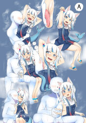 Rule 34 | +++, 1boy, 1girl, :d, ?, a (phrase), animal ears, armpits, arms behind head, arms up, assisted masturbation, bare legs, blue background, blue eyes, blue hair, blue nails, blush, cat ears, clenched teeth, close-up, closed eyes, clothed female nude male, commentary, commission, cum, cum on body, cum on clothes, cum on fingers, ejaculation, english commentary, faceless, faceless male, feet, fins, fish tail, french kiss, full body, gawr gura, gawr gura (casual), hand on another&#039;s head, handjob, heart, hetero, highres, hololive, hololive english, ivancyxic, kiss, laughing, licking, licking armpit, long hair, looking at viewer, masturbation, motion lines, multicolored hair, multiple views, nail polish, nude, on bed, open mouth, penis, saliva, shark tail, sharp teeth, side-by-side, simple background, sitting, smile, spoken question mark, steam, tail, teeth, testicles, toenail polish, toenails, toes, tongue, tongue out, uncensored, virtual youtuber, white hair