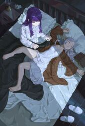 Rule 34 | 2girls, barefoot, bed, bedroom, blanket, blunt bangs, book, brown jacket, cavehuuu, closed eyes, commentary, covering with blanket, dangle earrings, dress, earrings, feet, fern (sousou no frieren), frieren, grimoire, hair down, indoors, jacket, jewelry, lantern, long hair, multiple girls, night, nightstand, on bed, parted bangs, parted lips, pillow, pointy ears, purple hair, saliva, sleeping, slippers, sousou no frieren, toes, unworn slippers, white dress, white footwear, white hair