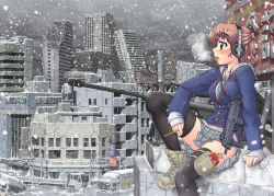 Rule 34 | 1girl, anti-materiel rifle, arm support, barrett m82, blue eyes, blush, boots, breath, brown hair, city, cityscape, cloud, cloudy sky, food, gun, h&amp;k mp7, hase yu, headphones, heckler &amp; koch, machine pistol, motor vehicle, open mouth, original, personal defense weapon, plaid, plaid skirt, pocky, post-apocalypse, rifle, rooftop, ruins, scenery, short hair, sitting, skirt, sky, sleeves past wrists, sniper rifle, snow, solo, submachine gun, thigh strap, thighhighs, truck, vehicle, weapon, winter, zettai ryouiki