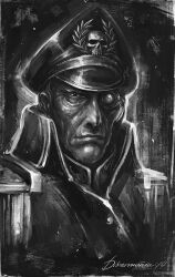 Rule 34 | 1boy, battle standard, commentary, commissar, english commentary, greyscale, hat, jacket, looking at viewer, male focus, military, military hat, military uniform, monochrome, peaked cap, portrait, scar, sebastian yarrick, signature, simple background, skull, skull ornament, solo, uniform, veronica anrathi, warhammer 40k