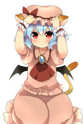 Rule 34 | 1girl, adjusting clothes, adjusting headwear, animal ears, arms up, ascot, bat wings, blue hair, blush, cat ears, cat tail, hat, hat ribbon, highres, kemonomimi mode, looking up, mob cap, ochazuke, open mouth, puffy sleeves, red eyes, remilia scarlet, ribbon, shirt, short hair, short sleeves, simple background, sitting, skirt, skirt set, solo, tail, touhou, white background, wings, wrist cuffs