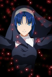 Rule 34 | 1girl, axia-chan, black background, blue eyes, blue hair, breasts, ciel (tsukihime), collar, embers, habit, highres, hood, medium breasts, nun, outstretched arms, short hair, smile, solo, traditional nun, tsukihime, upper body