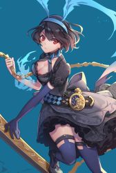 Rule 34 | 1girl, alice (sinoalice), angry, belt, black thighhighs, blue background, breasts, brown hair, chain, cleavage, dress, elbow gloves, eyelashes, frills, gloves, glowing, highres, holding, kisano takumi, looking at viewer, medium breasts, pale skin, patterned clothing, puffy short sleeves, puffy sleeves, red eyes, short hair, short sleeves, sinoalice, solo, thighhighs