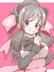 Rule 34 | 1girl, :q, animal ear fluff, animal ears, bear ears, bergman&#039;s bear (kemono friends), black bow, black hair, black sleeves, blush, bow, breasts, center frills, closed mouth, collared shirt, commentary request, detached sleeves, frills, fur-trimmed sleeves, fur trim, hair bow, heart, highres, kemono friends, long hair, looking at viewer, medium breasts, pink background, pink bow, ponytail, purple eyes, shirt, sidelocks, smile, solo, sunanuko (ramuneko), tongue, tongue out, two-tone background, upper body, very long hair, white background, white shirt