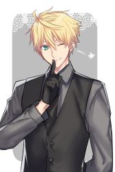 Rule 34 | 1boy, ;), ahoge, arm behind back, arthur pendragon (fate), bad id, bad pixiv id, black gloves, black vest, blonde hair, collared shirt, commentary request, fate/prototype, fate (series), finger to mouth, gloves, green eyes, grey background, grey shirt, hair between eyes, index finger raised, long sleeves, looking at viewer, male focus, one eye closed, seseragi azuma, shirt, shushing, smile, solo, star (symbol), two-tone background, upper body, vest, wing collar